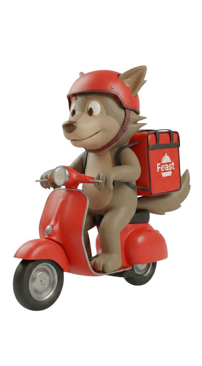 Feast wolf mascot delivering on scooter