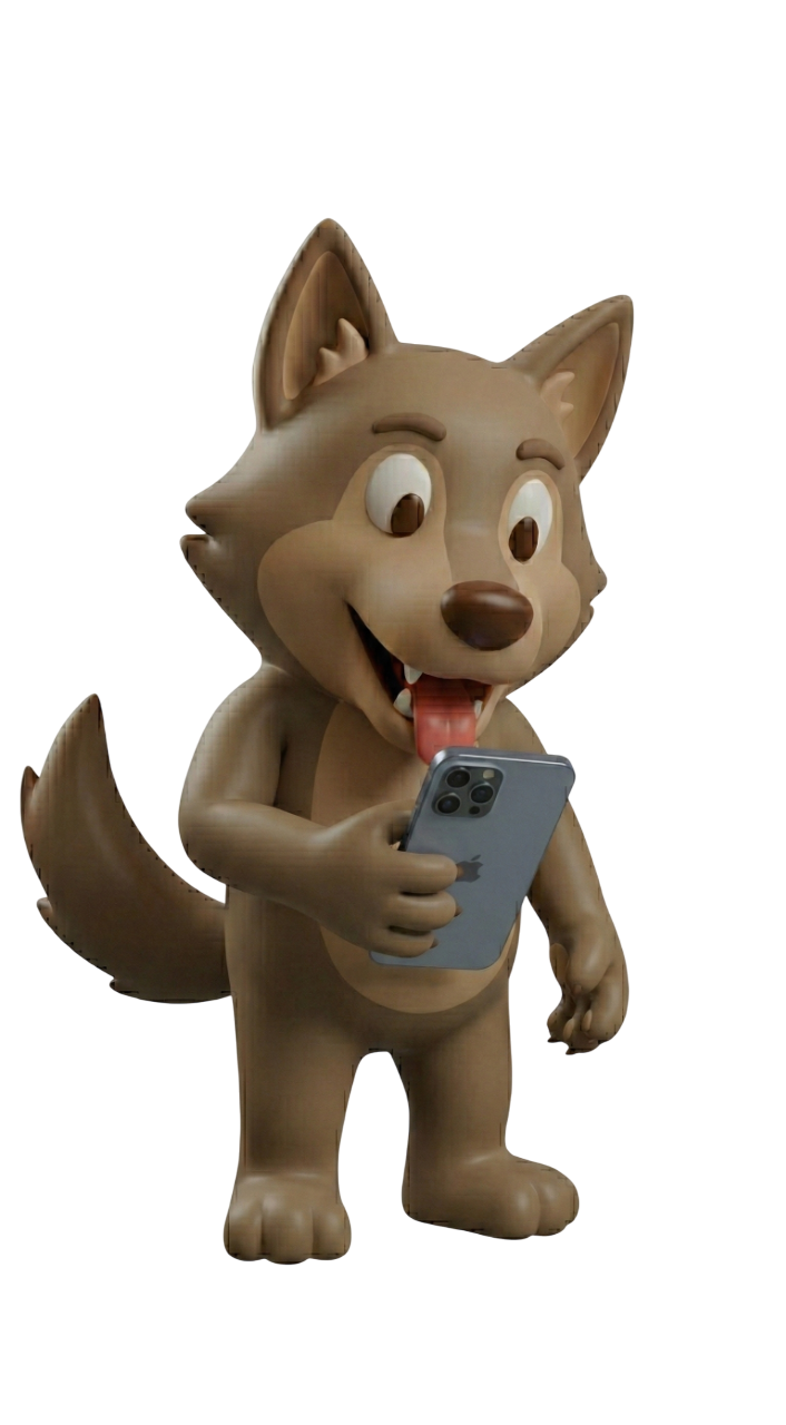 Feast wolf mascot with phone